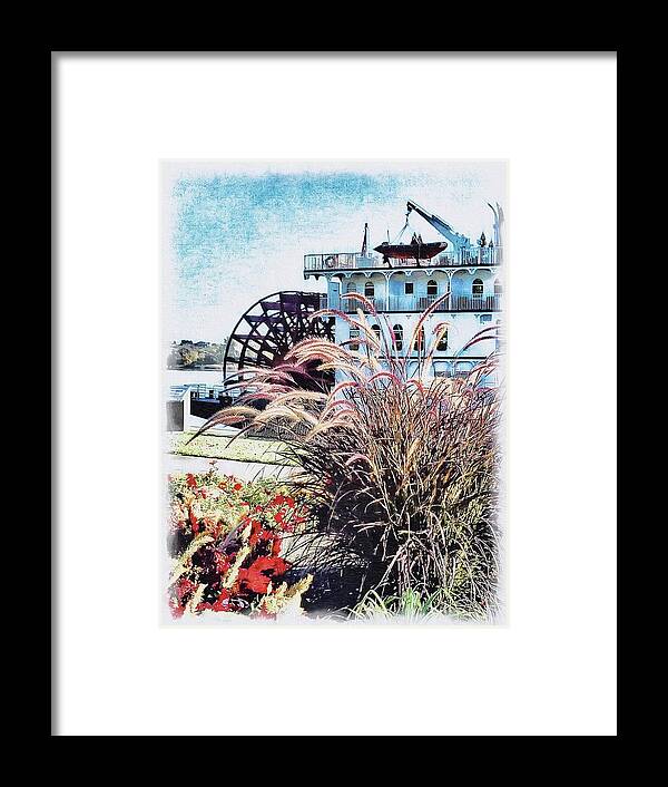 Paddleboat Sky Blue Water Wheel Brown Horsetails Beige Plant Lifeboat Cabins Deck White Sketch Red Flowers Black Framed Print featuring the digital art American Express Paddleboat 2015 by Kathleen Boyles