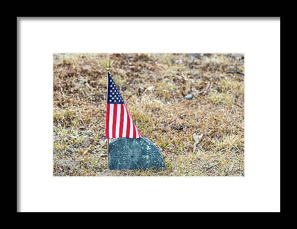 Patriotic Framed Print featuring the photograph American Flag On a Grave by Amelia Pearn
