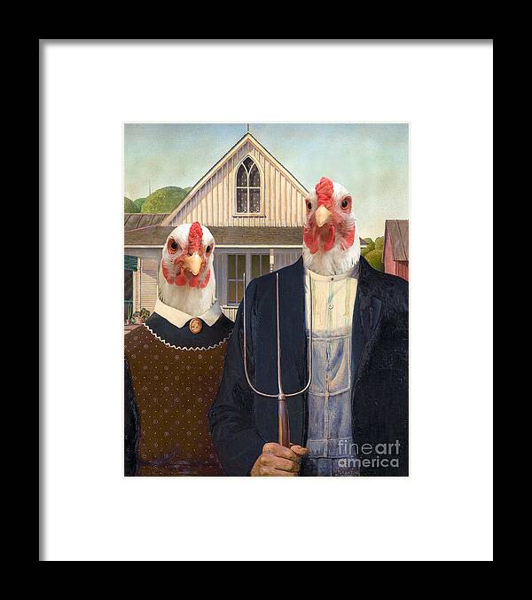 American Gothic Framed Print featuring the painting American Gothic chickens by Delphimages Photo Creations