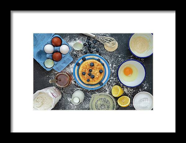 American Style Pancakes Framed Print featuring the photograph American Pancakes and Ingredients Pattern by Tim Gainey