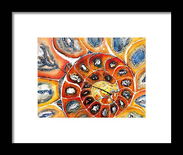 Ammonite Framed Print featuring the painting Ammonite Fossil Shell by Carlin Blahnik CarlinArtWatercolor