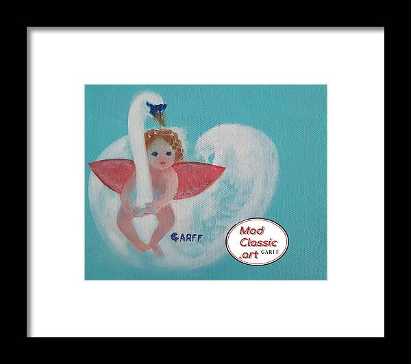 Cupid Framed Print featuring the painting Amorino with Swan ModClassic Art by Enrico Garff