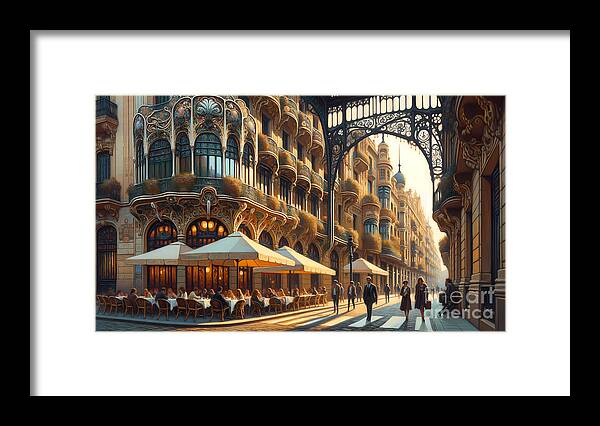 Art-nouveau Framed Print featuring the painting An Art Nouveau streetscape in Barcelona, with intricate facades and street cafes by Jeff Creation