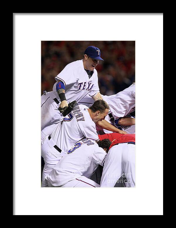Playoffs Framed Print featuring the photograph Andres Blanco, Josh Hamilton, and David Murphy by Stephen Dunn