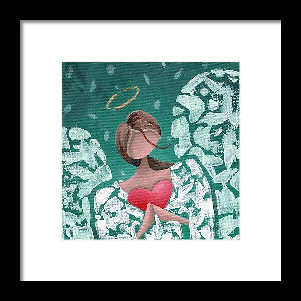 Angel Framed Print featuring the painting Angel Hearted - Teal Square by Annie Troe
