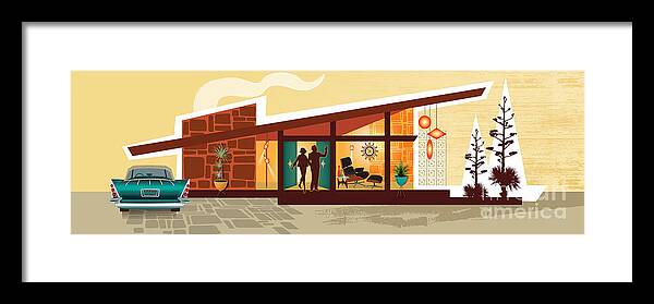 Mid Century Framed Print featuring the digital art Angle Roof Mid Century Modern House Panorama - women by Diane Dempsey