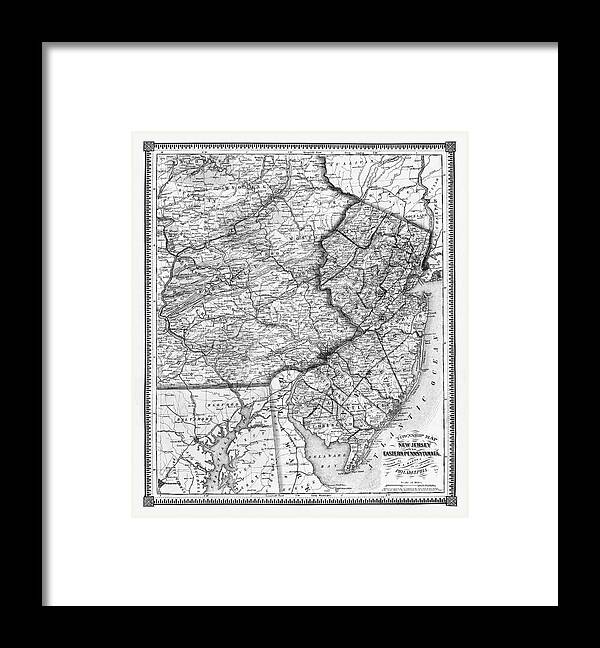 Pennsylvania Framed Print featuring the photograph Antique Township Map New Jersey and Eastern Pennsylvania 1864 Black and White by Carol Japp