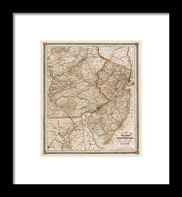 Pennsylvania Framed Print featuring the photograph Antique Township Map New Jersey and Eastern Pennsylvania 1864 Sepia by Carol Japp