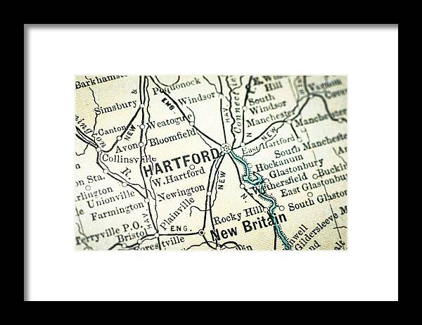 International Border Framed Print featuring the drawing Antique USA map close-up detail: Hartford, Connecticut by Ilbusca