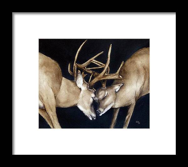 Buck Deers Framed Print featuring the painting Antlers Shuffle by Kelly Mills