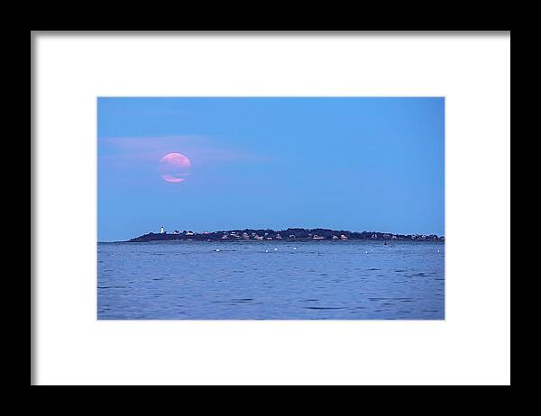 Salem Framed Print featuring the photograph April 2020 Pink Supermoon Over Baker's Island in Salem MA by Toby McGuire