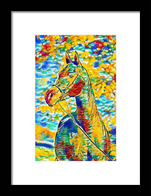 Arabian Horse Framed Print featuring the digital art Arabian horse colorful portrait in blue, cyan, green, yellow and red by Nicko Prints