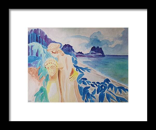 Classical Greek Sculpture Framed Print featuring the painting Archaic Couple and the Sea by Enrico Garff