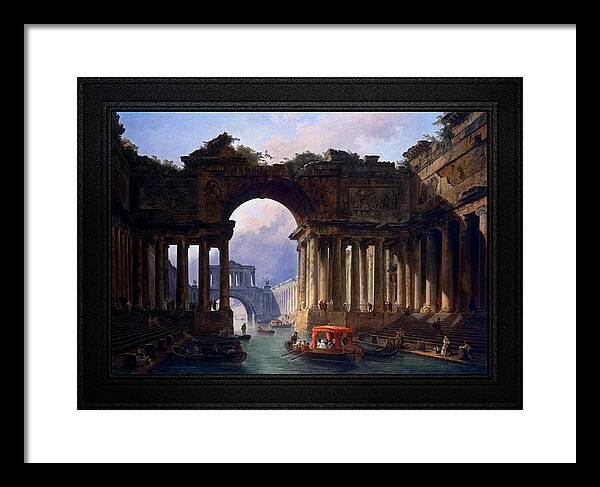 Architectural Landscape With A Canal Framed Print featuring the painting Architectural Landscape With A Canal by Hubert Robert by Rolando Burbon