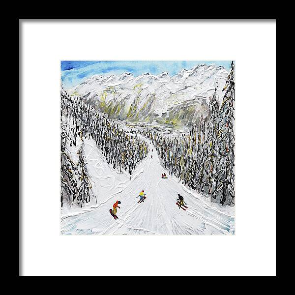 Argentiere Chamonix Ski Painting And Ski Print Framed Print featuring the painting Argentiere Who stole my cable car ? by Pete Caswell