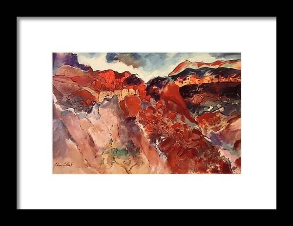 Southwest Landscape Framed Print featuring the painting Arizona Cave Dwellings by Elaine Elliott