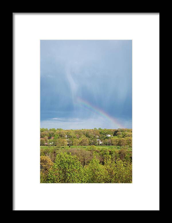 Rain Over Rainbow Framed Print featuring the photograph As The Rain Falls, The Rainbow Appears by Karol Livote