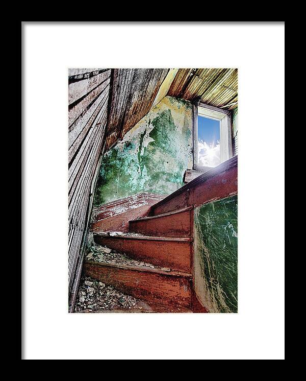 Torgerson Framed Print featuring the photograph Ascendant - handcrafted stairwell in the abandoned Torgerson farm homestead by Peter Herman