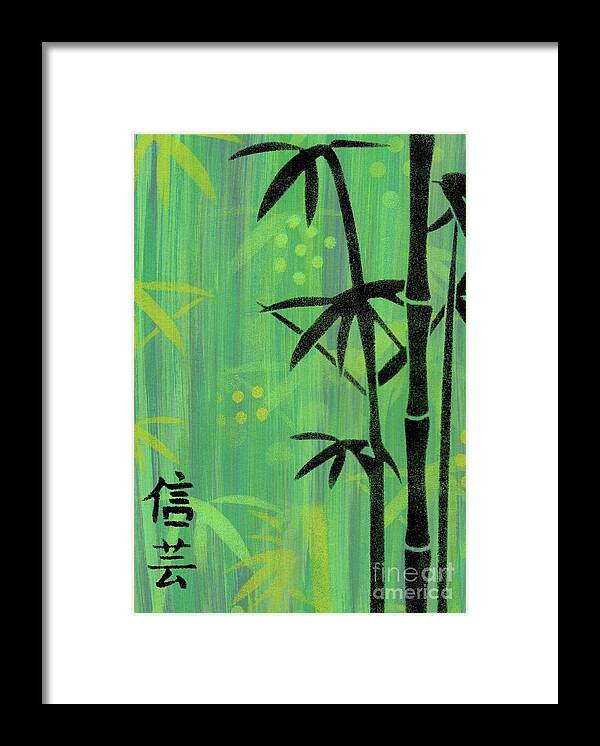 Retro Bamboo Framed Print featuring the painting Asian Bamboo Abstract in Greens by Donna Mibus