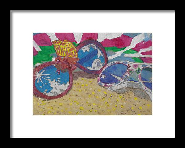 Beach Framed Print featuring the drawing At the Beach Sunglasses Lying on the Sand with a Hermit Crab and Beach Towel by Ali Baucom