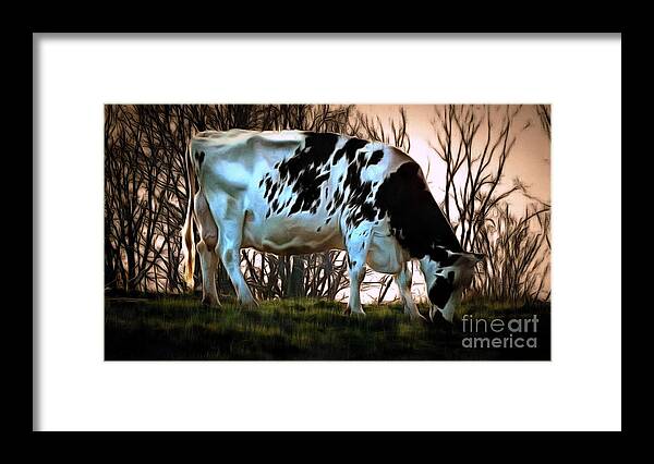 Cow Framed Print featuring the photograph At the End of the Day - Black and White Cow by Janine Riley