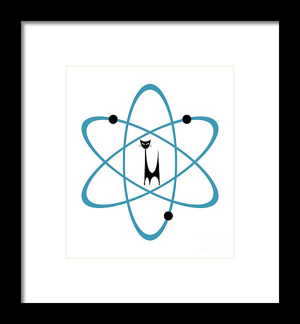 Atomic Cat Framed Print featuring the digital art Atom Cat in Teal Transparent Background by Donna Mibus