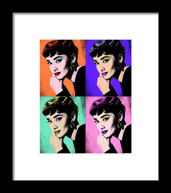 Audrey Hepburn Framed Print featuring the mixed media Audrey Hepburn pop art by Movie World Posters