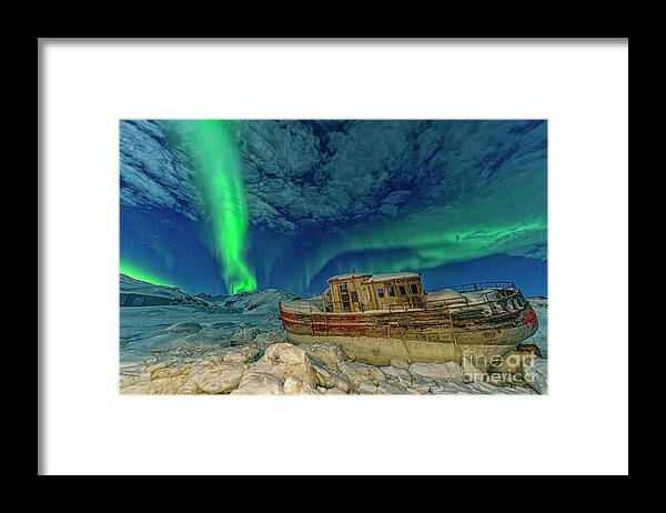 00648338 Framed Print featuring the photograph Aurora Borealis and Boat by Shane P White