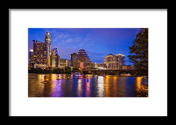 Pedal Boat Framed Print featuring the photograph Austin, Texas Downtown Skyline at Night by CrackerClips