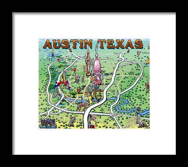Austin Framed Print featuring the painting Austin Texas Fun Map by Kevin Middleton