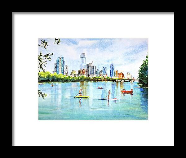 Austin Framed Print featuring the painting Austin Texas Skyline from Lou Neff Point by Carlin Blahnik CarlinArtWatercolor