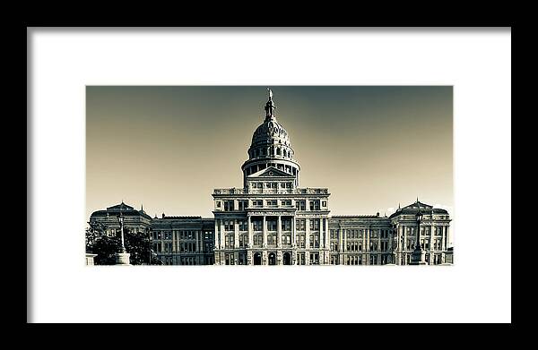 Austin Texas Framed Print featuring the photograph Austin Texas State Capitol Sepia Panorama by Gregory Ballos