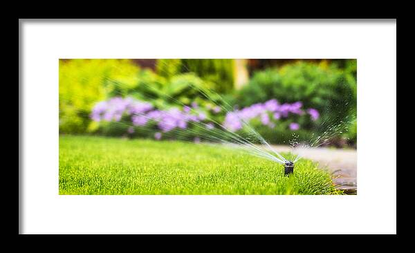 Sprinkling Framed Print featuring the photograph Automatic Sprinkler System Watering The Lawn by MaYcaL