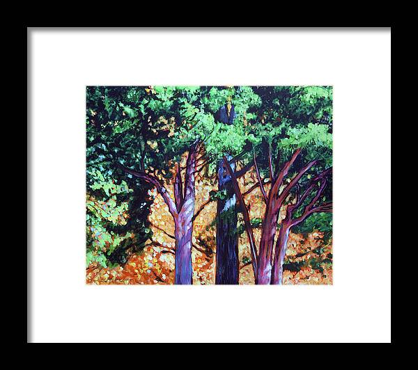 Autumn Framed Print featuring the painting Autumn Behind the Pine Trees by John Lautermilch