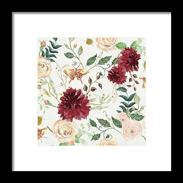 Modern Bohemian Floral Framed Print featuring the painting Autumn Fall Burgundy Blush Floral Butterfly w Foliage Greenery by Audrey Jeanne Roberts