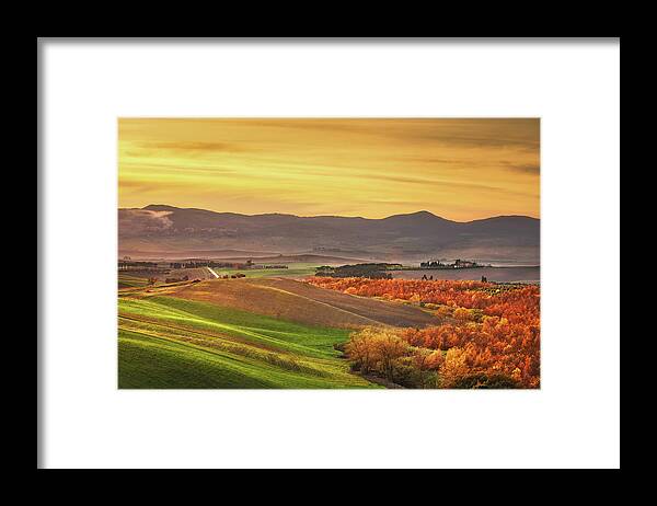 Autumn Framed Print featuring the photograph Autumn in Tuscany, rolling hills and woods. Santa Luce by Stefano Orazzini