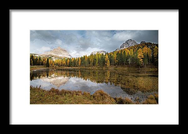Antorno Lake Framed Print featuring the photograph Lake antorno in autumn Italian dolomiti by Michalakis Ppalis