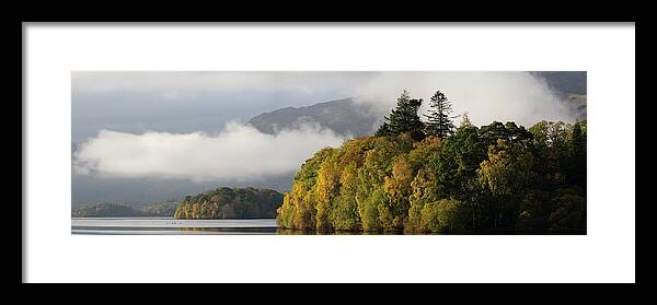 Panorama Framed Print featuring the photograph Autumn mist on Derwentwater Lake District by Sonny Ryse