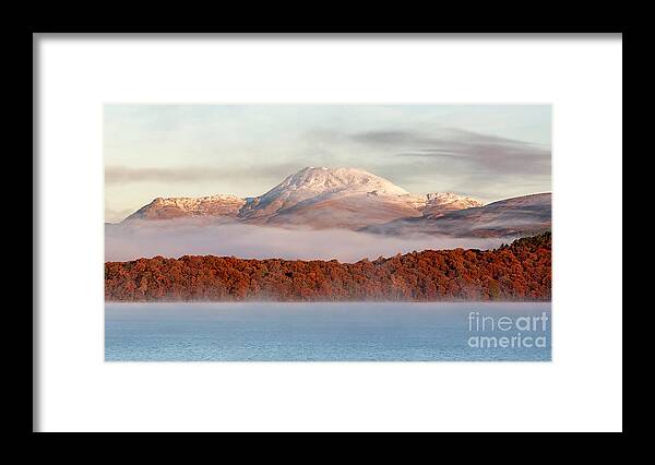 Ben Lomond Framed Print featuring the photograph Autumn mist shrouded between Mountain and Loch by Maria Gaellman