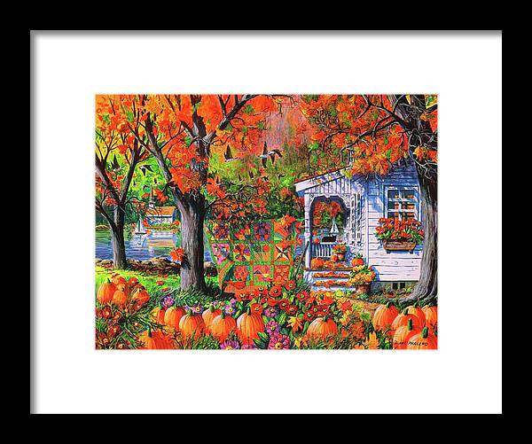 Autumn Landscape With Autumn Patchwork Quilt Framed Print featuring the painting Autumn Patchwork Quilt by Diane Phalen