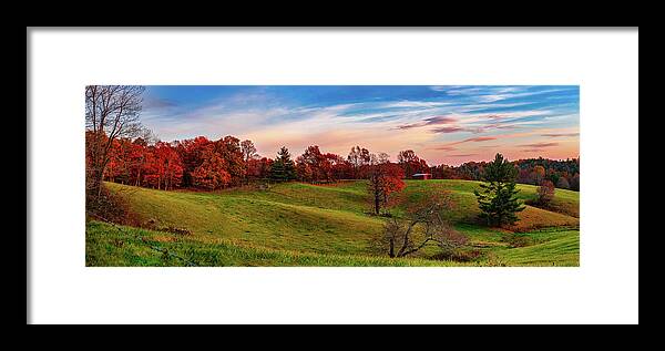 Fall Framed Print featuring the photograph Autumn Red Trees and Red Barn Panorama by Dan Carmichael