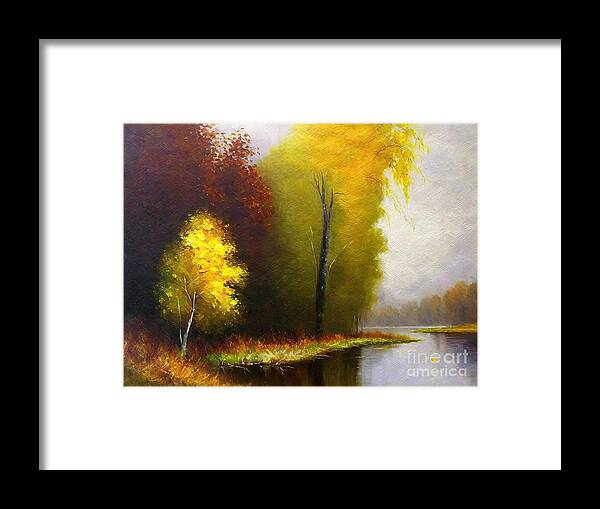 Realism Framed Print featuring the painting Autumn reflections Painting realism fine art figurativ landscape by N Akkash