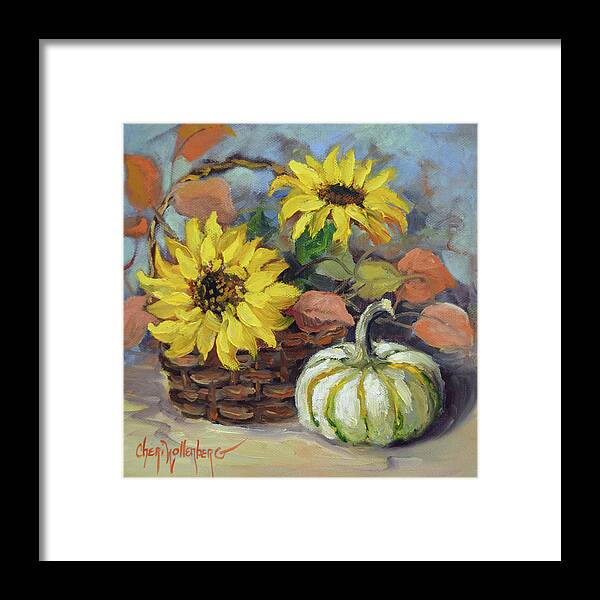 Autumn Art Framed Print featuring the painting Autumn Still Life Of Sunflowers and Decorative Pumpkins by Cheri Wollenberg