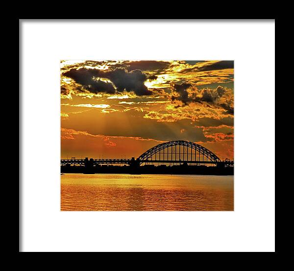 Sunset Framed Print featuring the photograph Autumn Sunset Behind Tacony-Palmyra Bridge on the Delaware by Linda Stern