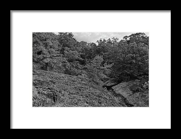 Black And White Framed Print featuring the photograph Autumn Trees at the Top of Hemlock Falls by Alan Goldberg