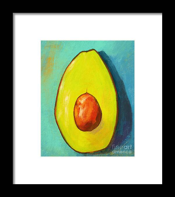 Green Avocado Framed Print featuring the painting Avocado Half with Seed Kitchen Decor in Aqua by Patricia Awapara