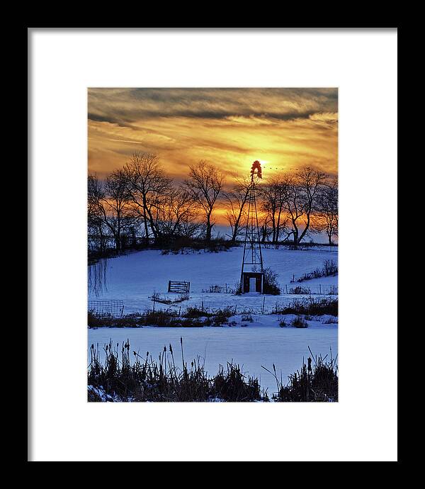 Windmill Framed Print featuring the photograph Awaiting Warmer Breezes - a lonely windmill in front of glorious sunset with geese in flight by Peter Herman