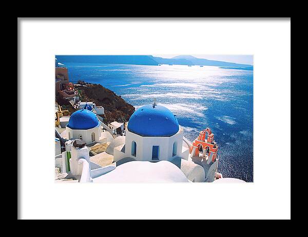Greece Framed Print featuring the photograph Blue Domes / Santorini by Claude Taylor