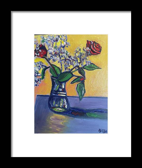 Still Life Vase Roses Baby’s Breath Framed Print featuring the painting Babies Breath by Beth Riso