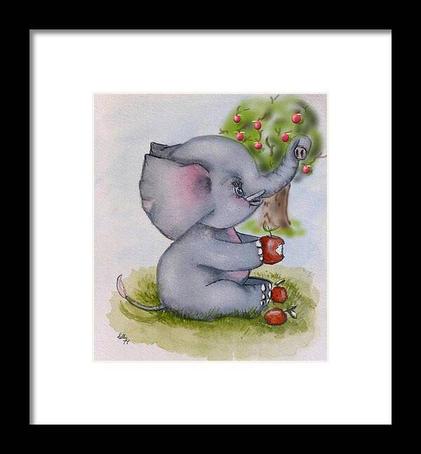 Baby Elephant Framed Print featuring the painting Baby Elephant loves Apples by Kelly Mills